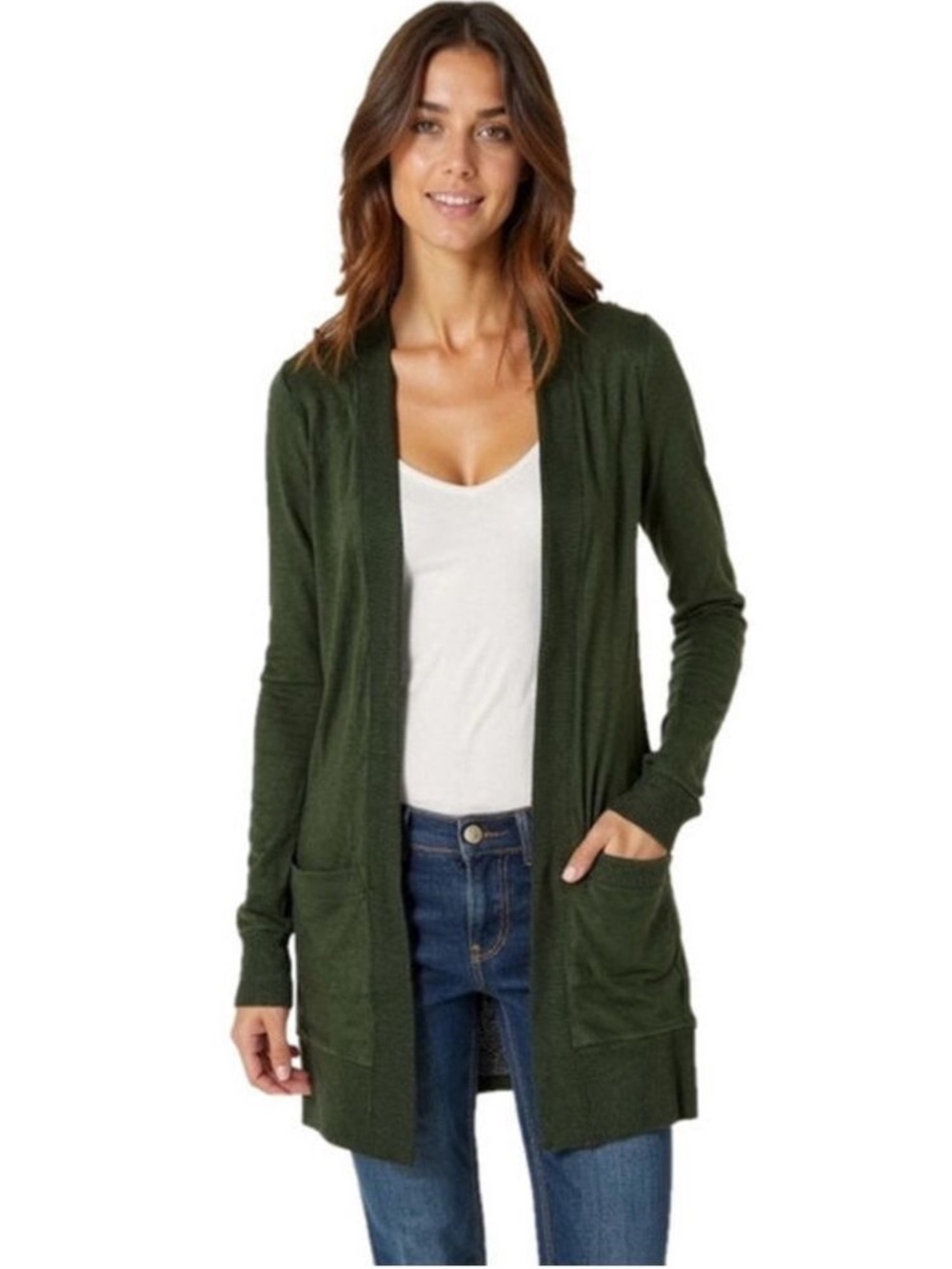 Bobeau Open Front Cardigan Petite XS | Green Soft Knit Pocket Lightweight Layer